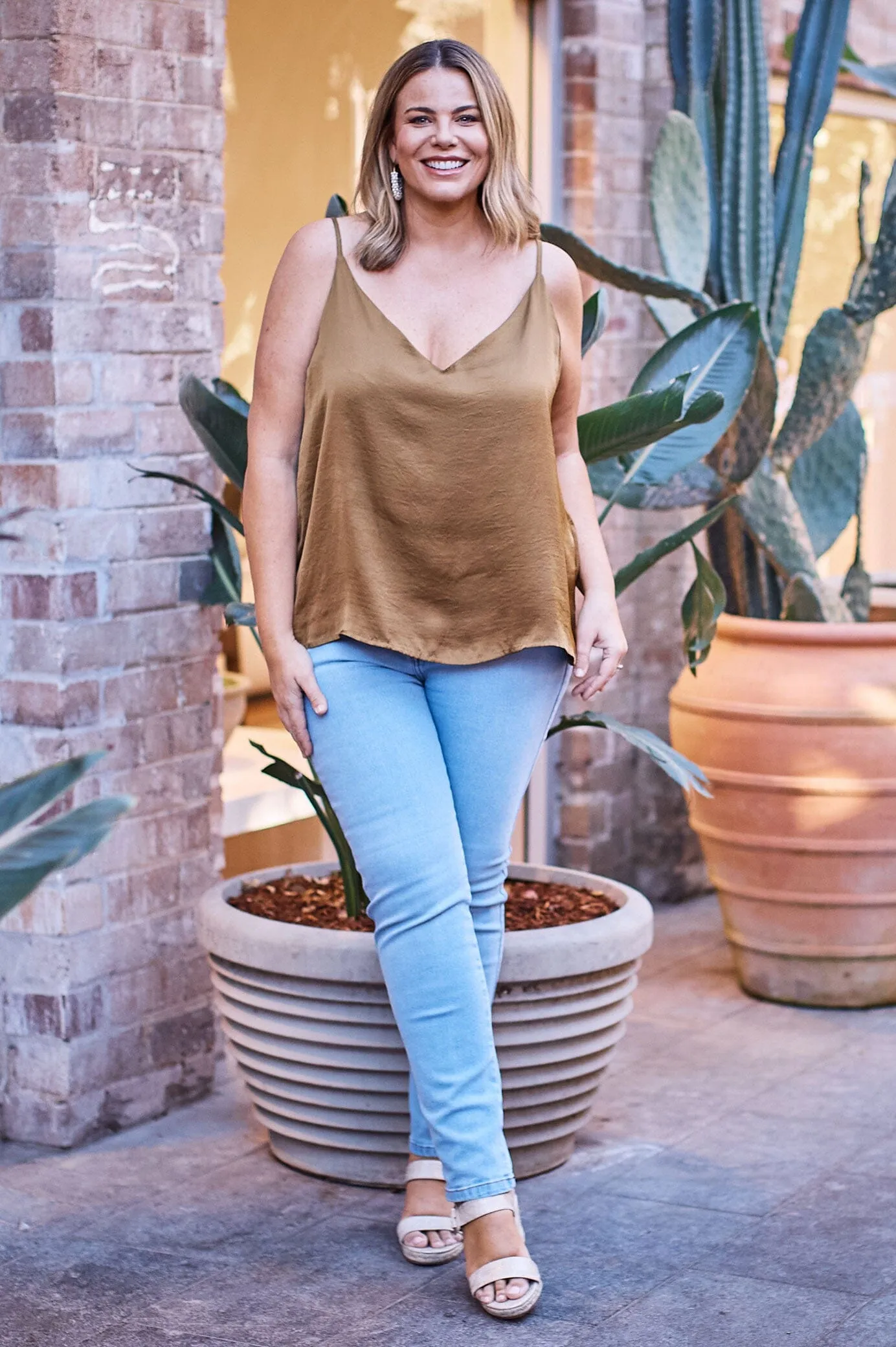 Ana Camisole Top Khaki with V Neck