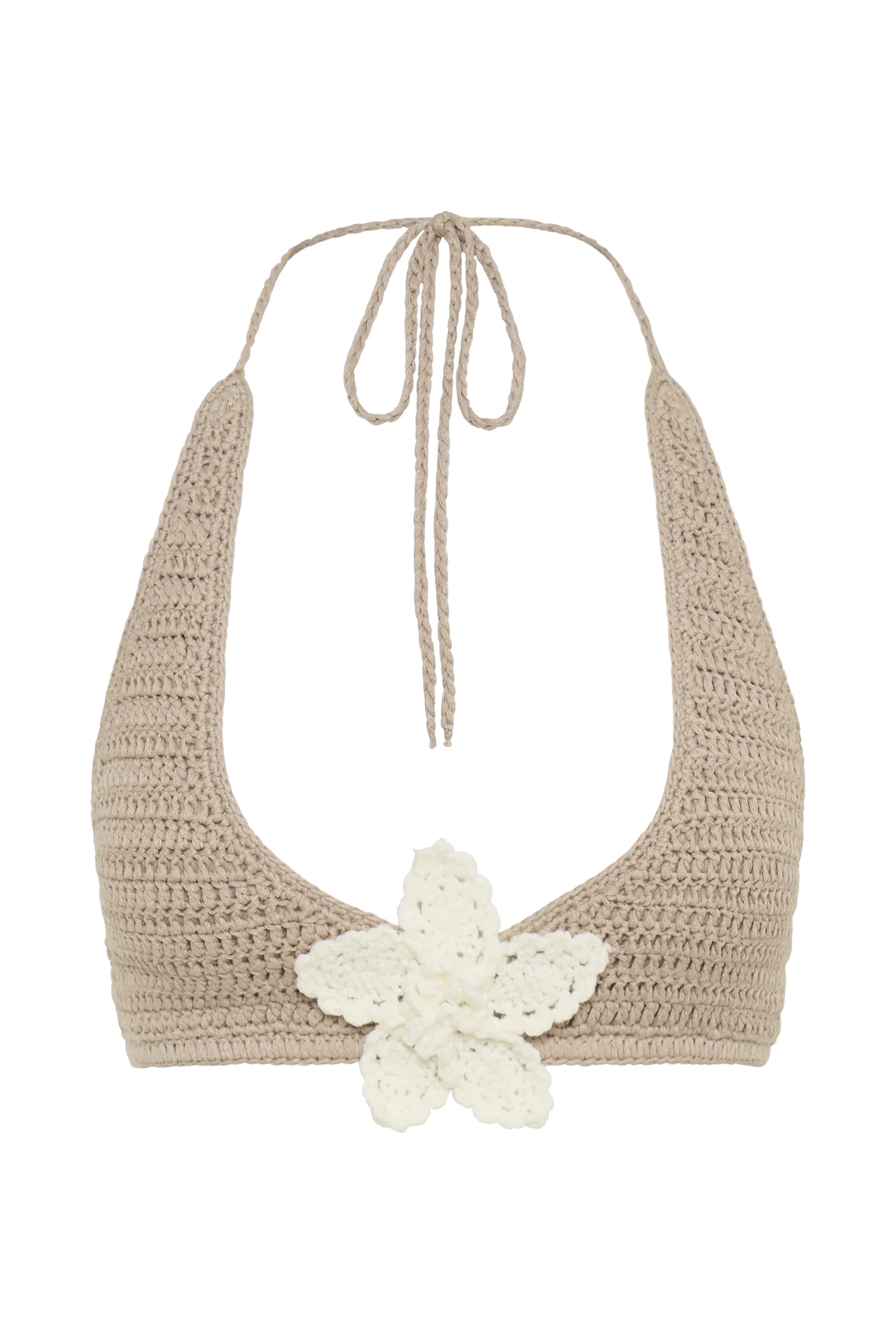 Rhiannon Floral Crochet Halter Bikini Top - Taupe/White