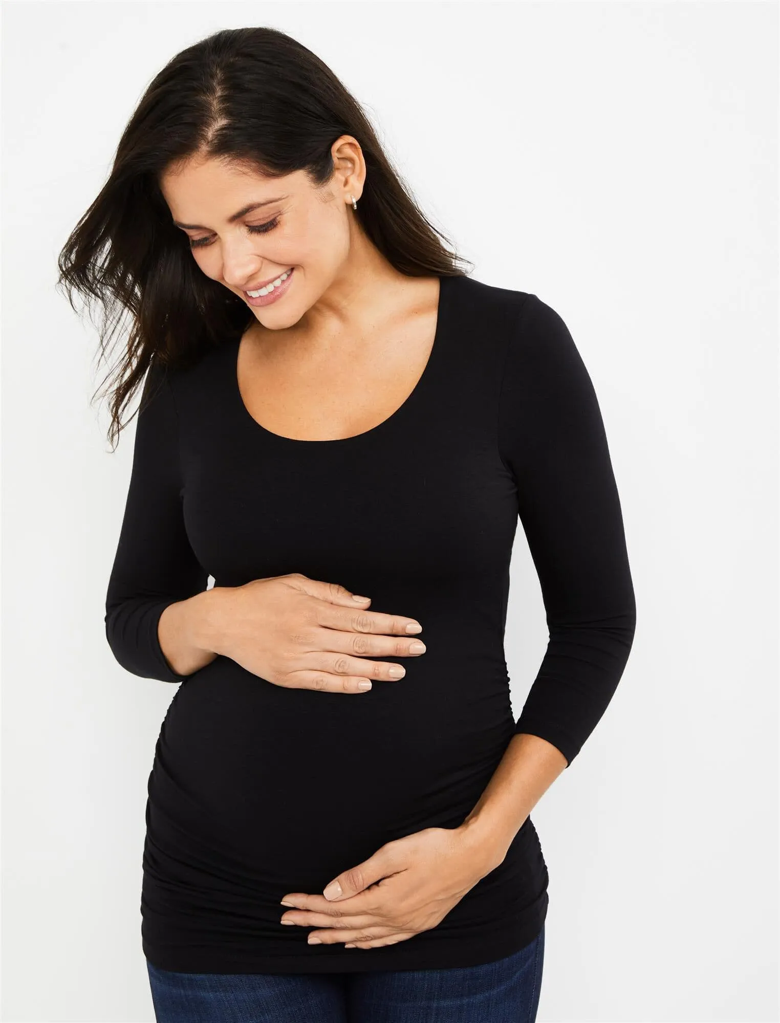 Side Ruched 3/4 Sleeve Maternity T Shirt in Black